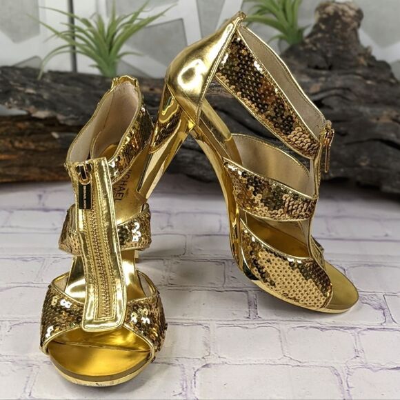 Michael Kors Gold Sequin Berkley T Strap Sandal Heels - Picture 1 of 11